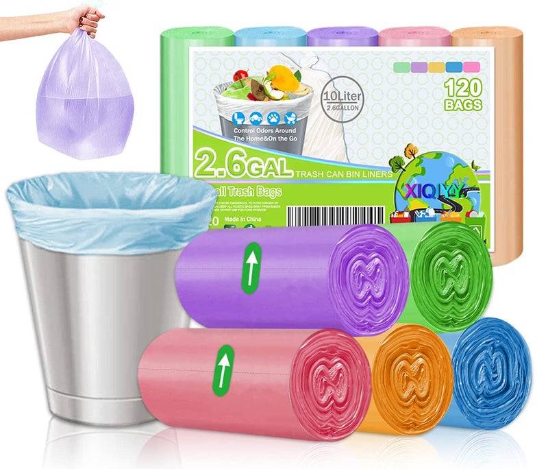XIQIYY Small Garbage Bags 2.6 Gallon Colorful Biodegradable Trash Bags,120 Counts Bathroom Garbage Bags Unscented Wastebasket Liners for Office, Bedroom,Living Room 7-10L - Image 1